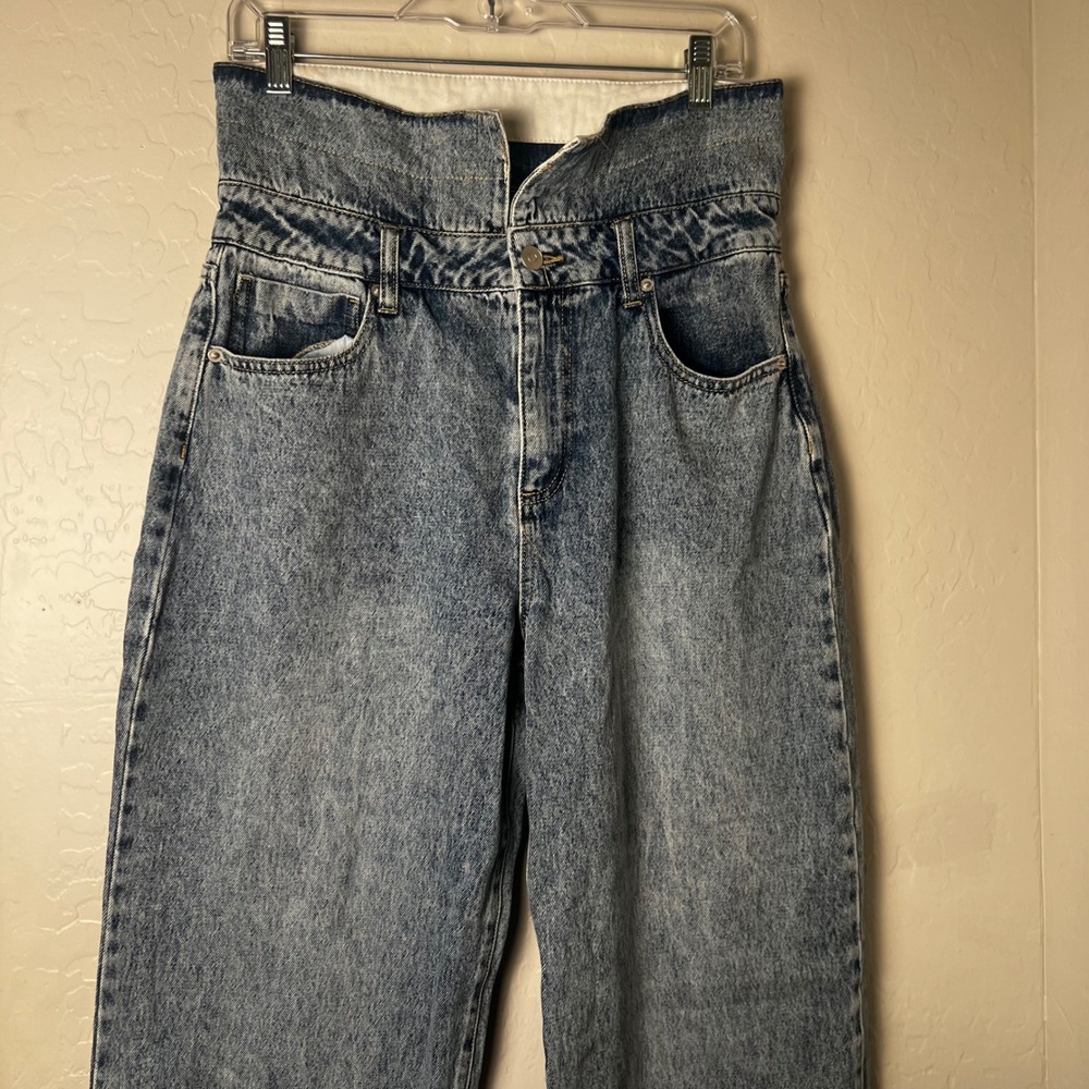 Fashion Nova Women Blue Acid Wash Double Waistband High Rise Wide Leg Jeans